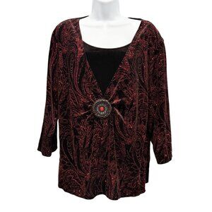 Notations Sparkly Black Velvet Red Glitter Paisley Top Event Holiday Womens XL